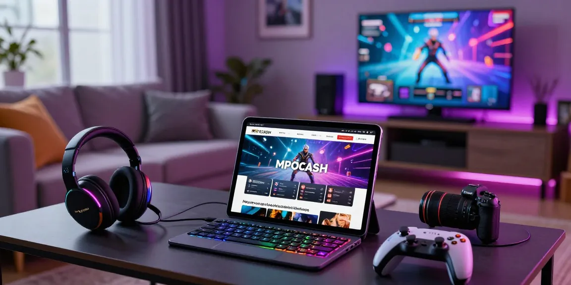 MPOCASH digital entertainment platform showcased on a tablet amidst vibrant gaming accessories in a cozy living room setting.