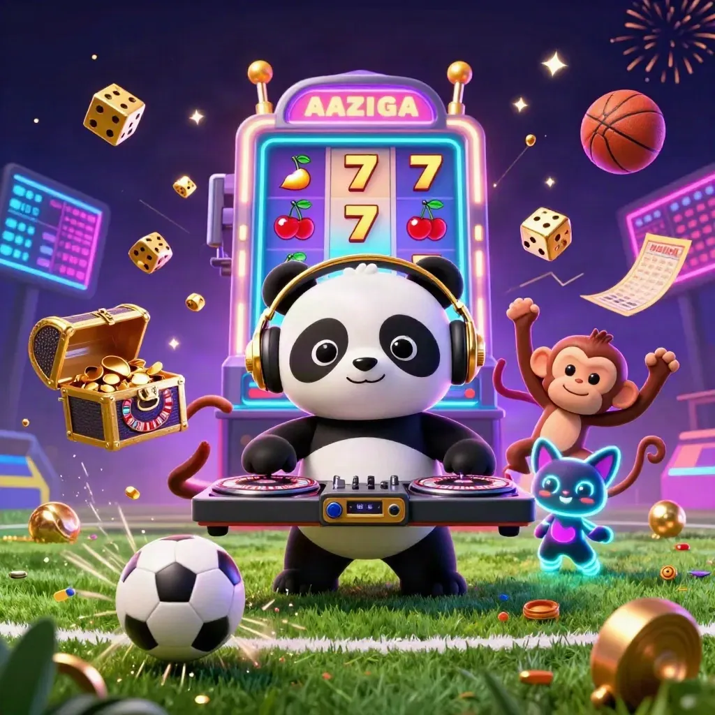 Neon casino animals on a football pitch with a flying ball, slot burst, and gold sparks.