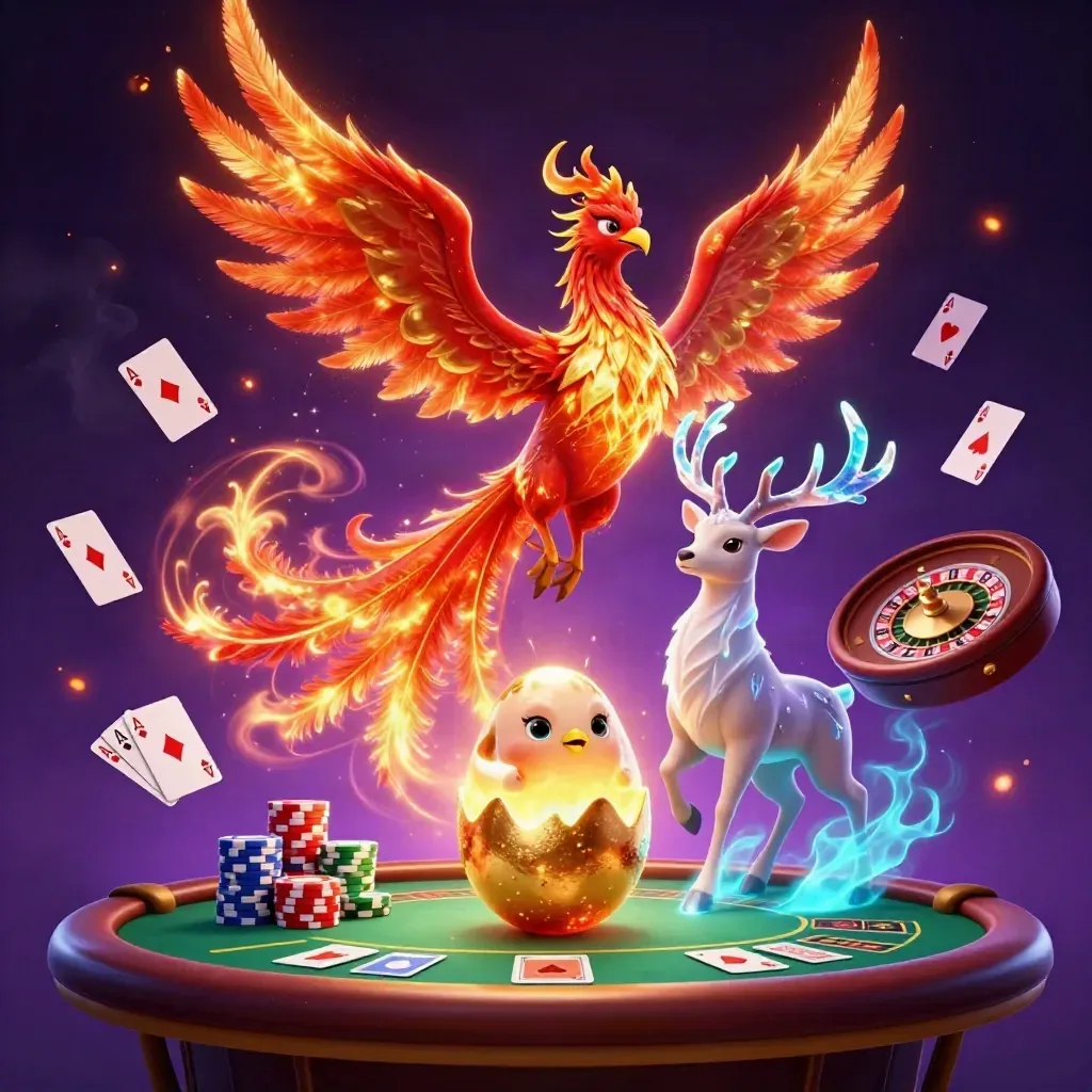 Phoenix, hatchling, and crystal stag amid casino props in neon purple-gold glow.
