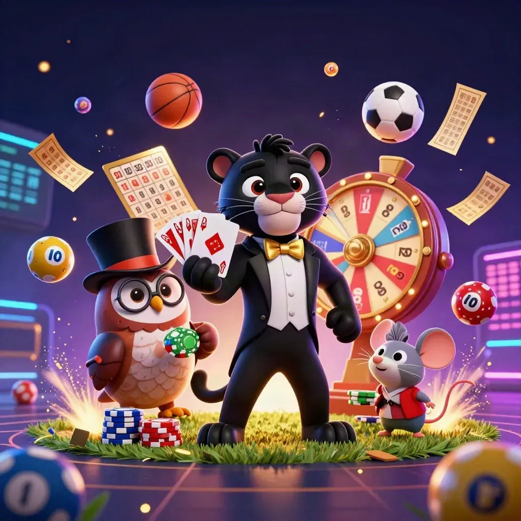 Panther, owl, and mouse amid casino props, balls, chips, and neon sports action.