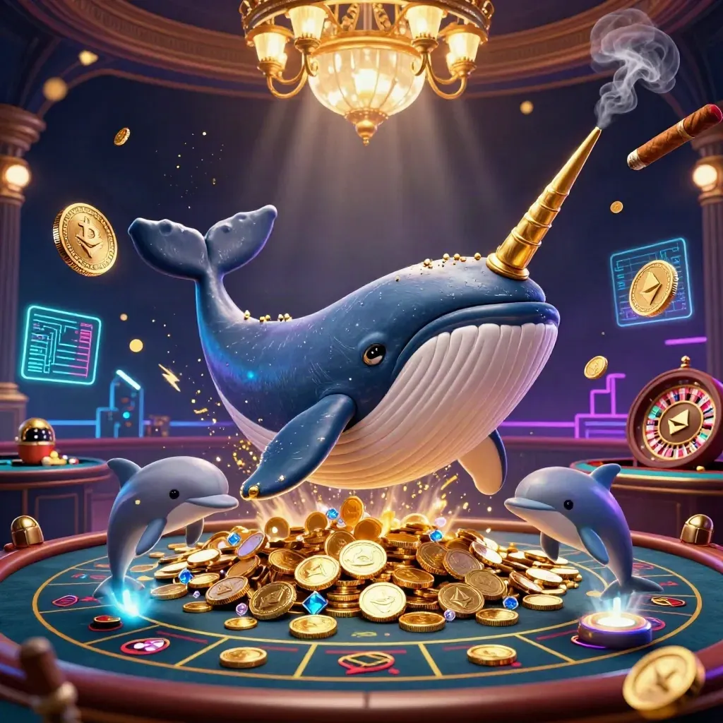 Whale, narwhal, and dolphins burst through coins in a neon casino with glowing crypto effects.