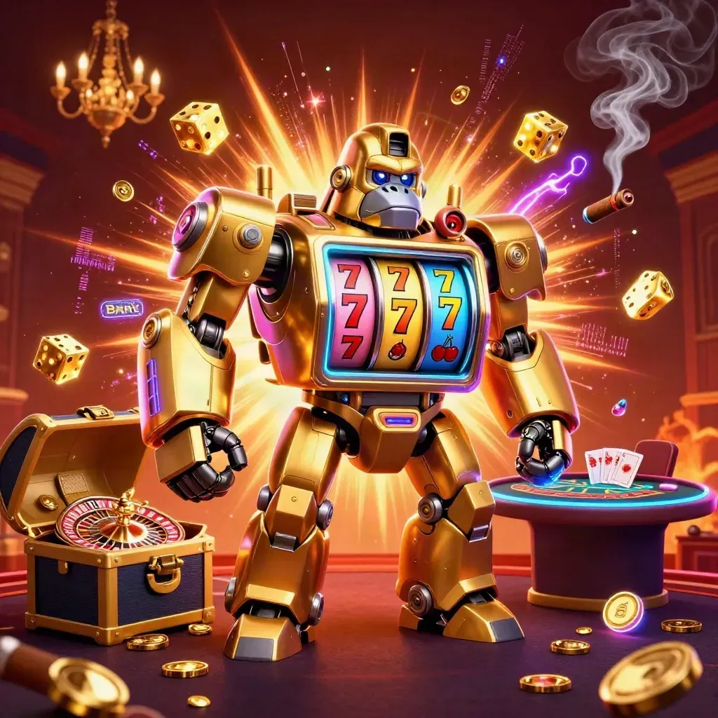 Golden gorilla mech and monkey pilot amid slot bursts, roulette spin, cards, and casino glow.