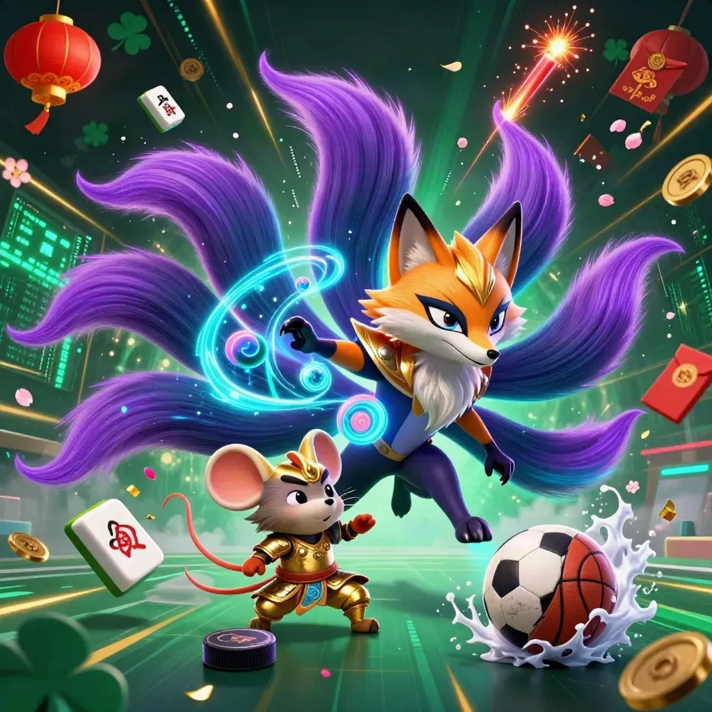 Neon fox spirit and golden mouse amid casino props, sports balls, and electric light.