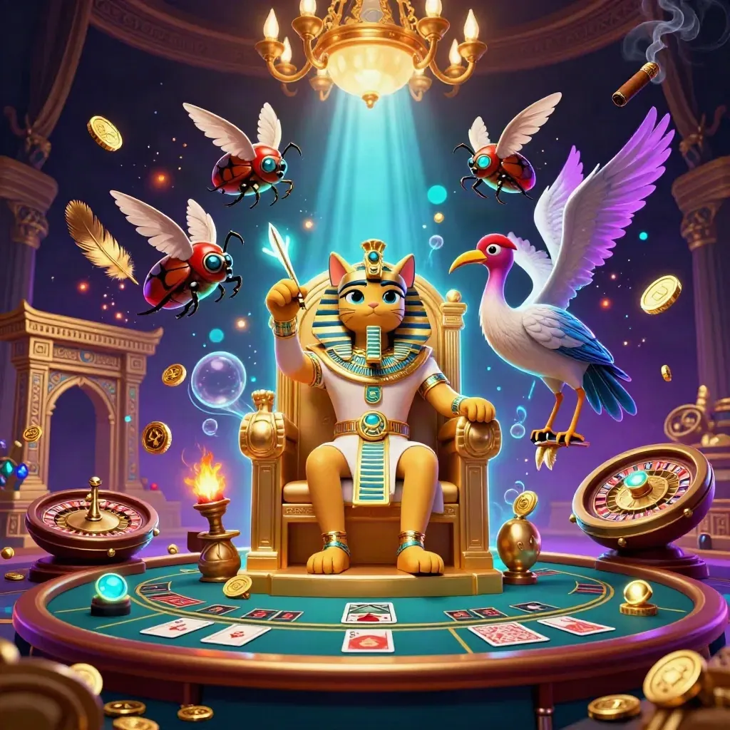 Pharaoh cat, ibis scribe, and gem-wing scarabs in a neon casino with roulette and brass glow