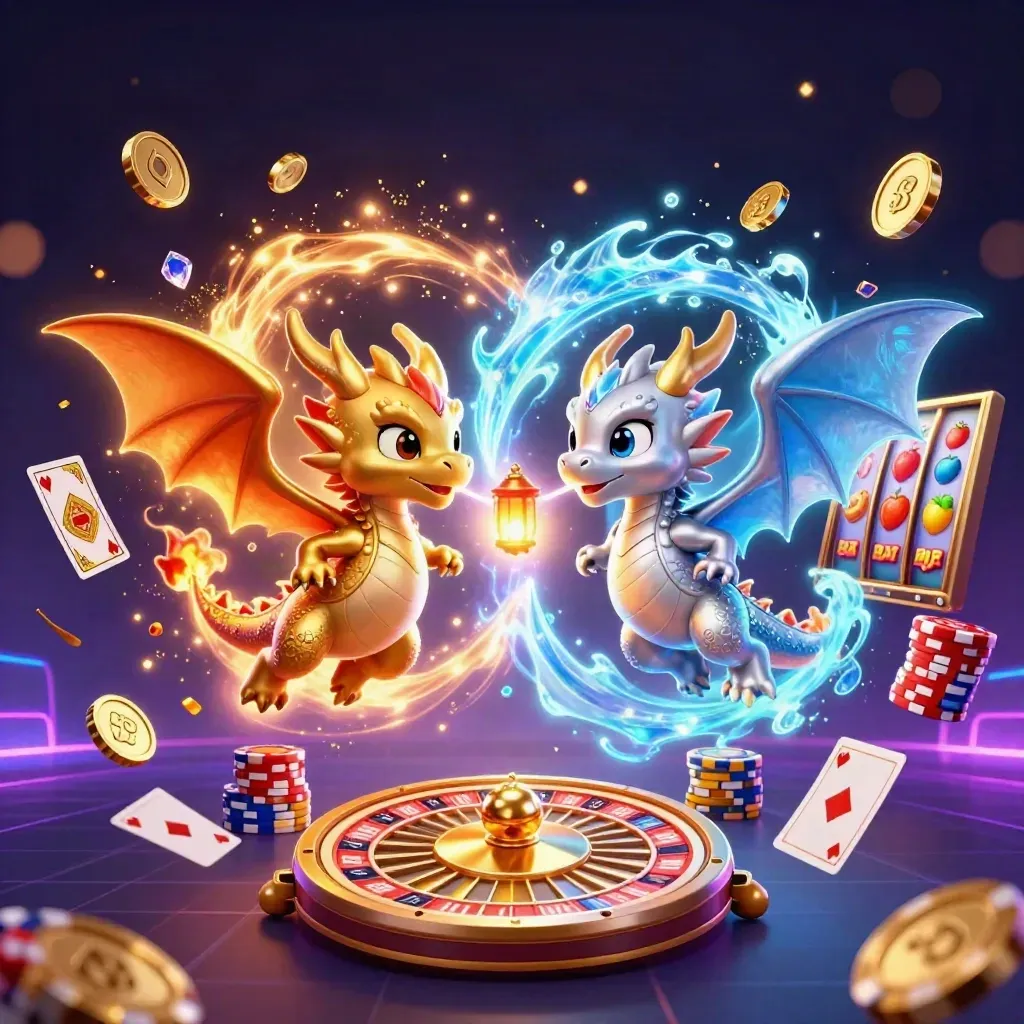 Twin gold and silver dragons form a fiery yin-yang amid coins, gems, and neon casino glow.