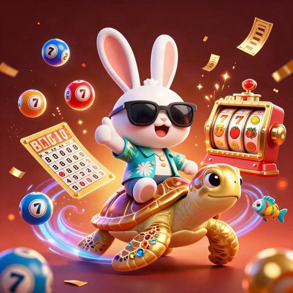 Lucky rabbit rides a gold sea turtle as casino tokens, fireworks, and confetti burst around them.