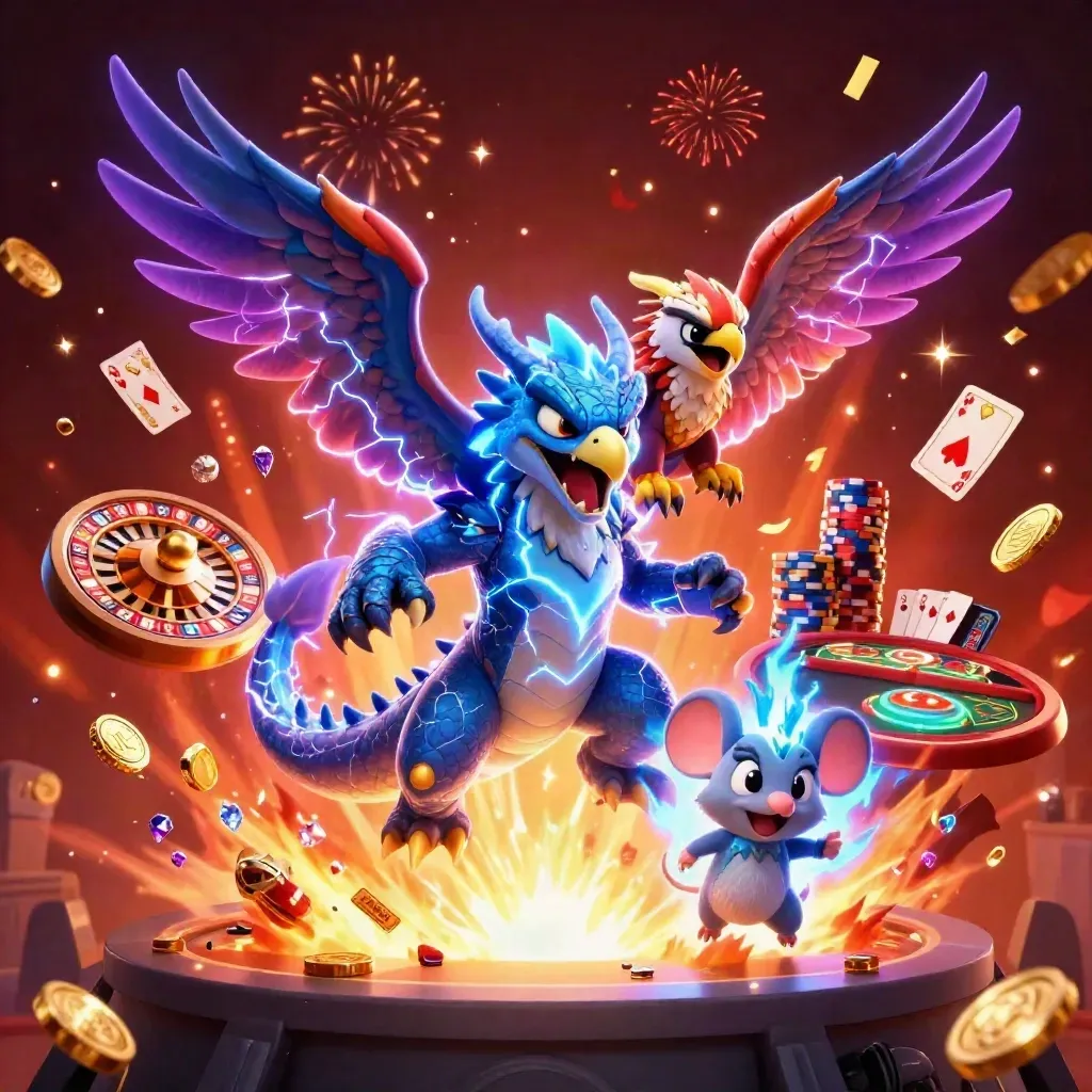 Thunder dragon, glowing hawk and static mouse explode from a vault amid coins, cards and neon casino lights