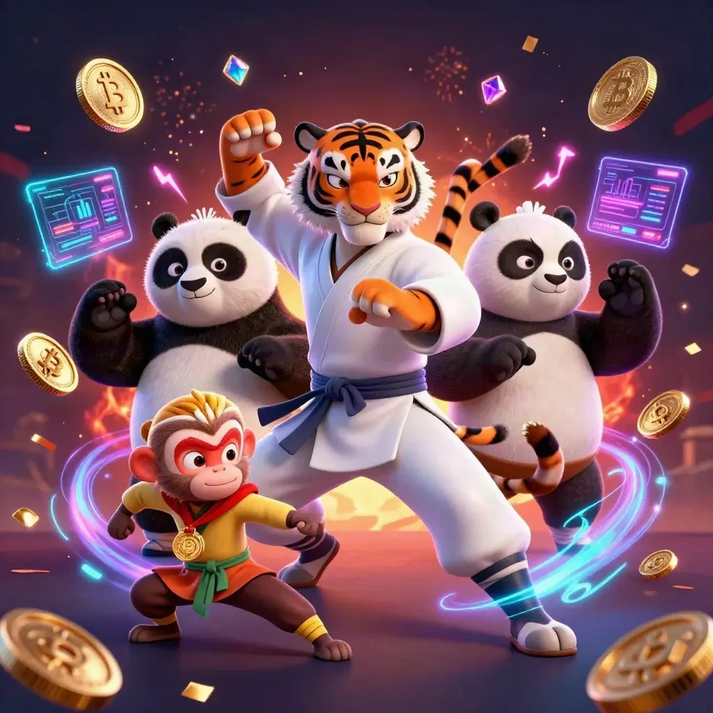 Kung-fu tiger, panda, and monkey amid neon treasure bursts and casino effects