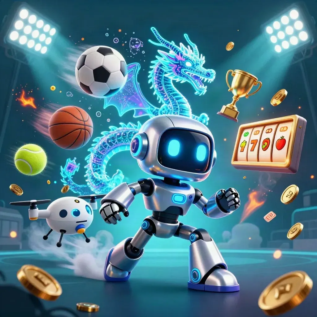 Cyberpunk robot, holographic dragon, and coin drone amid casino-sports bursts in underwater neon glow