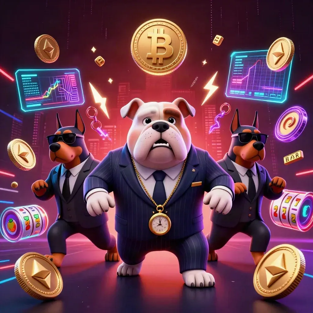 Bulldog mob boss with two Dobermans amid neon coins, reels, and electric casino energy.