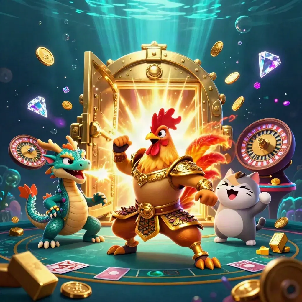 Rooster samurai, dragon hatchling and fortune-cat amid a vault blast, coins, gems and casino props.