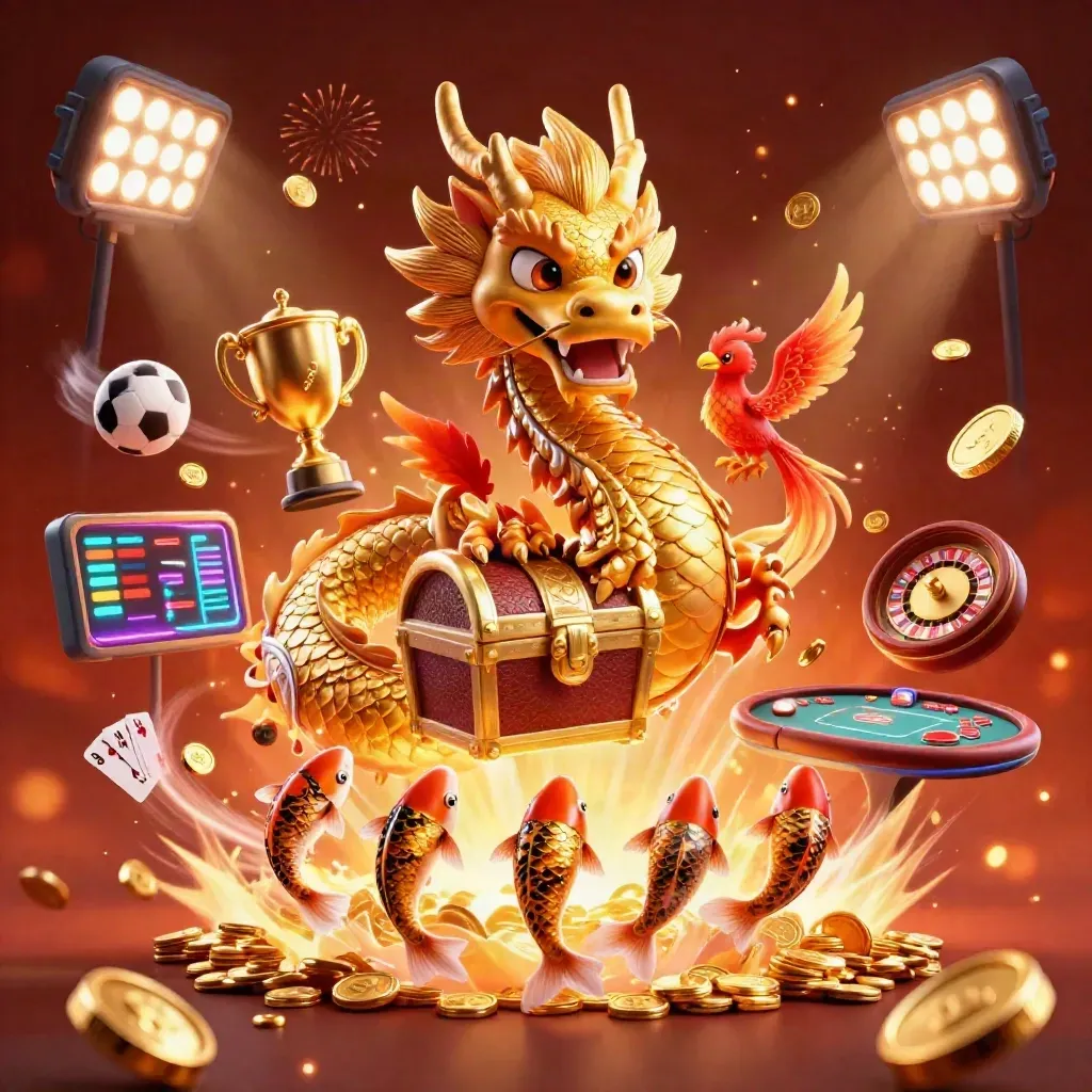 Golden dragon, phoenix, koi and casino symbols bursting in neon treasure light.