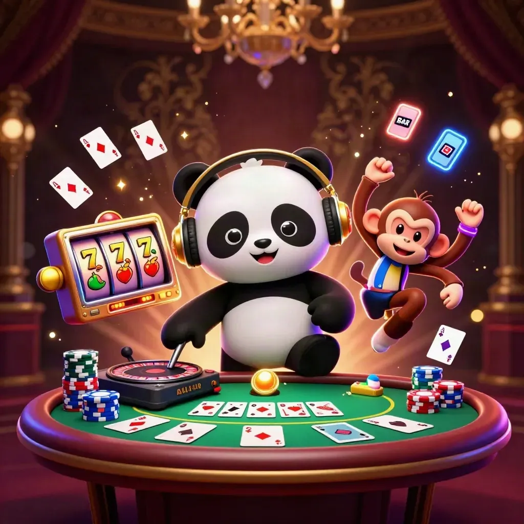 Panda DJ, breakdancing monkey, and rave kitten amid casino icons and gold neon light