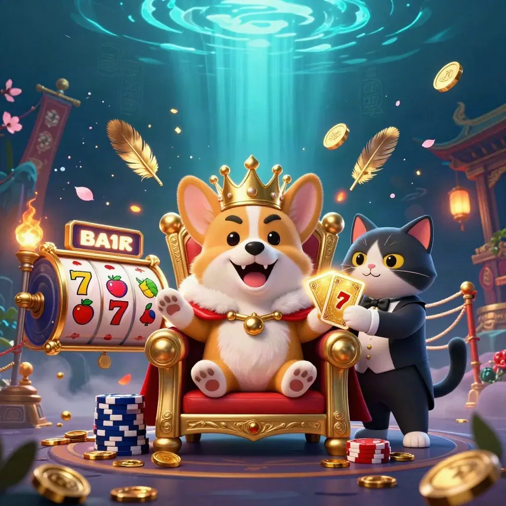 Royal corgi king and cat butler on chips amid casino relics, neon-lit underwater fantasy