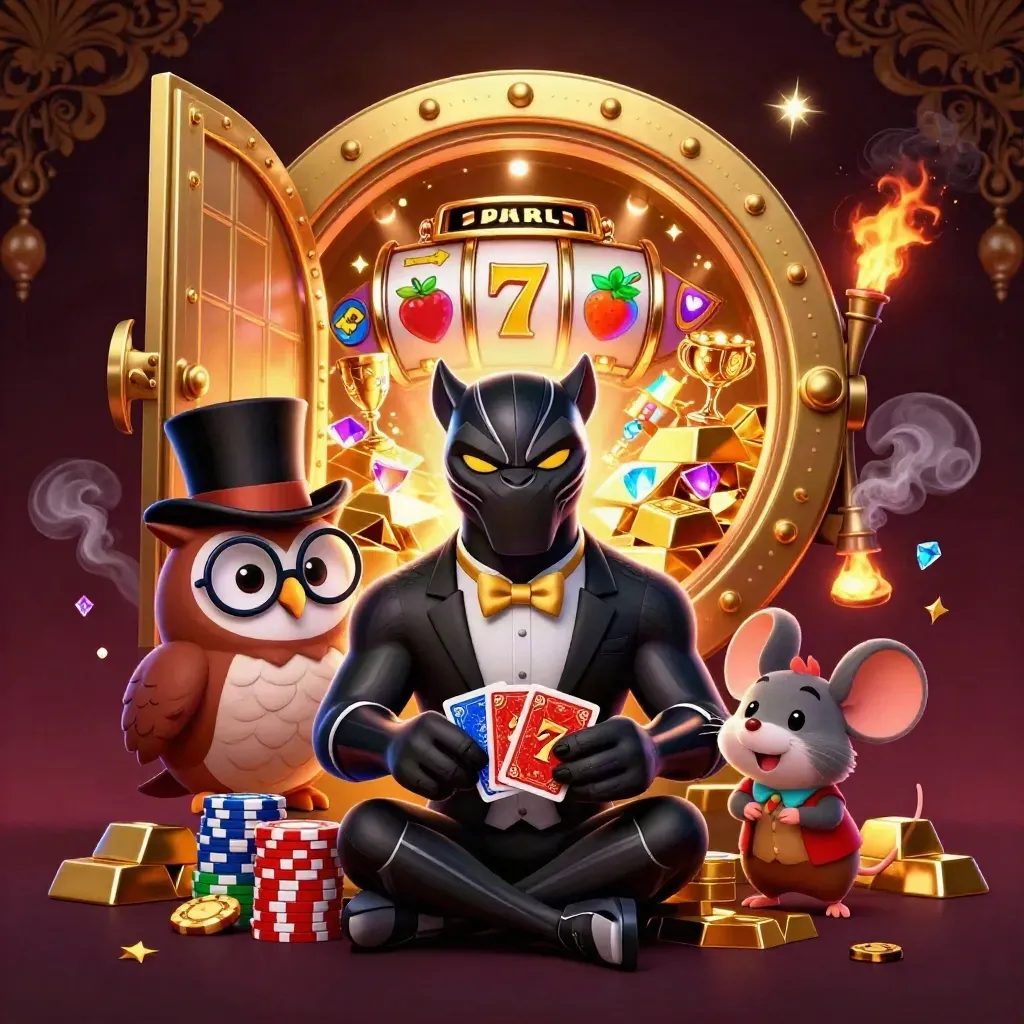 Black panther, owl and mouse loot a glowing vault amid chips, reels and gold
